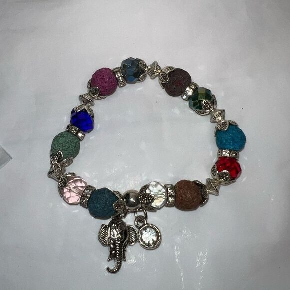 Silver Tone Colorful Lava Rock Bead Good Luck Elephant Charm Bracelet - Picture 3 of 7